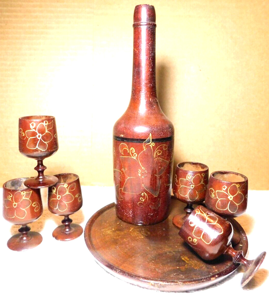 Unbranded~Wooden Folk Art Decanter with 6 Stem Cups and Serving Tray Vintage
