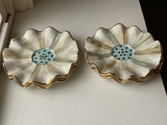 (4pc) Rare Mackenzie Childs Parchment Check Ceramic Fluted Saucers W/ Gold Dots