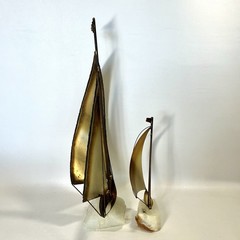 2 Vtg De Mott Brass & Copper Sailboats Art Sculpture Onyx Bases Nautical EVC