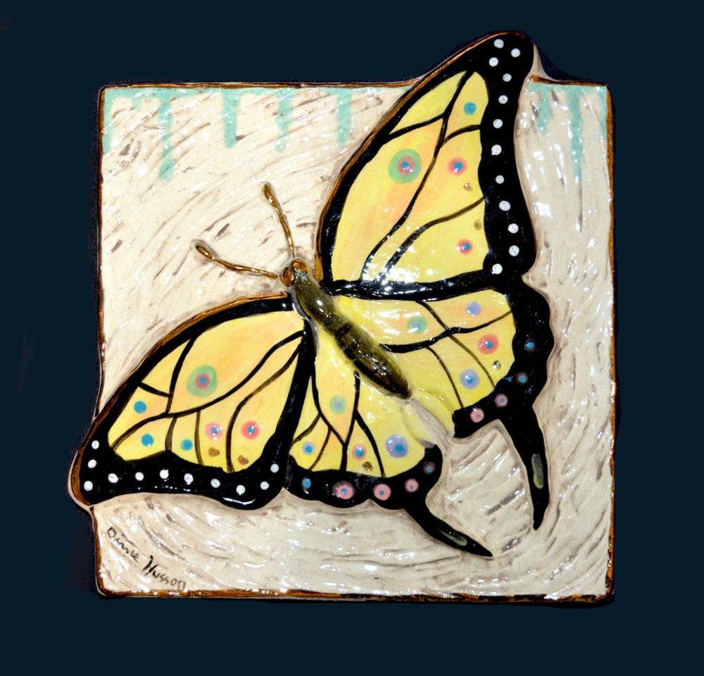 RARE Diane Husson Ceramic Art Title Signed OOAK Butterfly 14K Gold Accent 7.25″