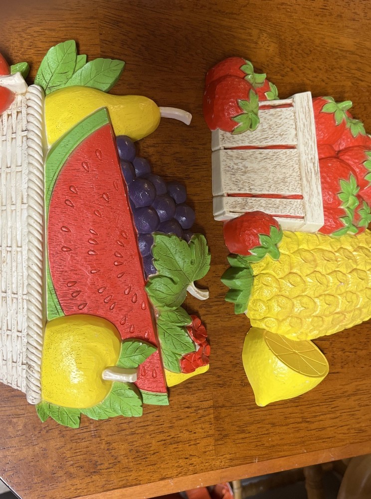1975 Homco Plaques Made In USA Sunflower, watermelon, strawberry fruit plaques