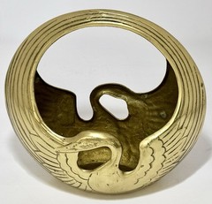 Vintage MCM Solid Brass Swan Planter Bowl Catchall with Handle ~Korea