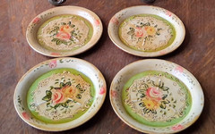 Japan 1940s Hand Painted Occupied Japan Green Pink Roses Small Plates Coasters