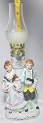 Edwardian 11″ Porcelain Kerosene Lamp Dressed Man Woman Decor Vintage Japan