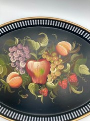 Vintage Tole Tray Hand Painted Fruit Gold Trim Pierced 17 1/2″ L x 13 W