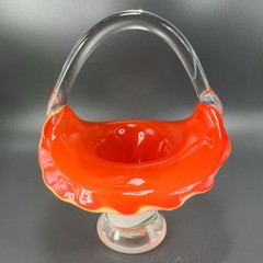 Vintage 1980s Venetian Art Glass Basket Bowl With Handle Red White Art Glass VTG
