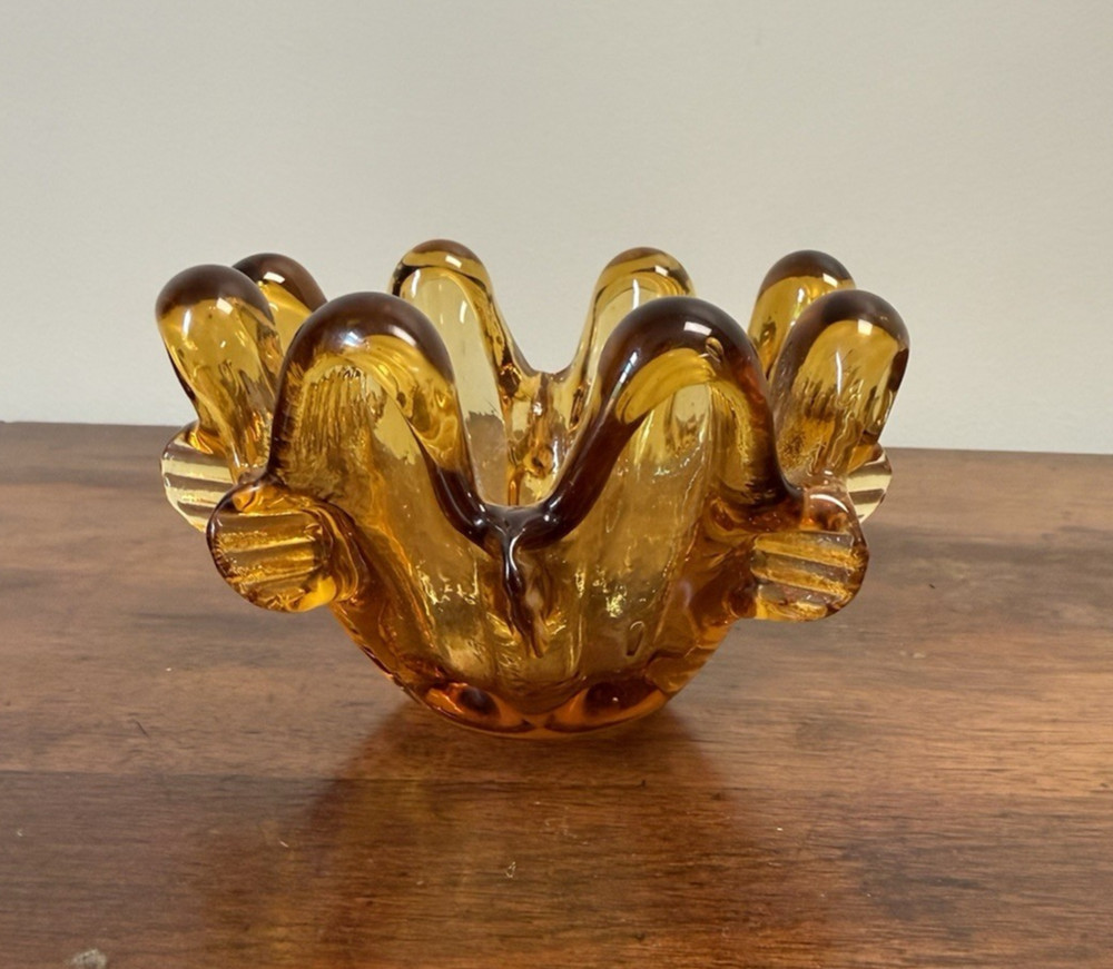Vintage MCM Amber Hand Blown Art Glass Freeform Bowl 8 Prunts Czech Style 5″