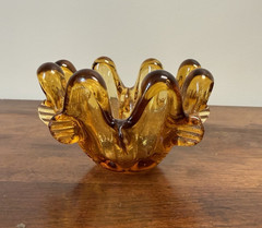 Vintage MCM Amber Hand Blown Art Glass Freeform Bowl 8 Prunts Czech Style 5″