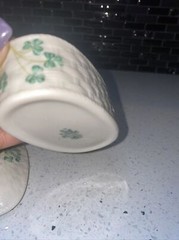 VTG Belleek Pottery Ireland Trinket Box w/Lid Basket Weave with Green Shamrocks