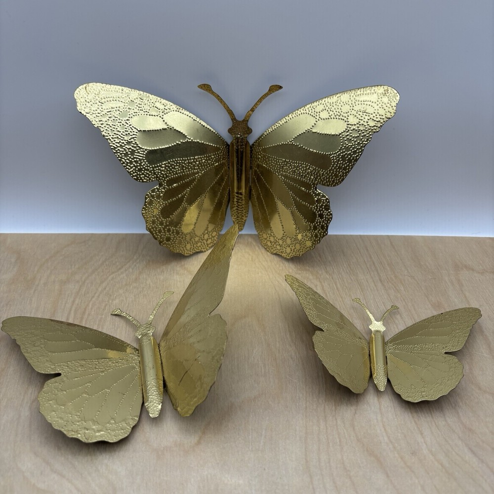 Vintage Home Interiors Butterfly Gold Tone Metal Tin 3D Wall Decor Set Of 3 MCM