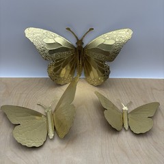 Vintage Home Interiors Butterfly Gold Tone Metal Tin 3D Wall Decor Set Of 3 MCM