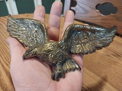 Eagle Wall Hanging Cast Metal Aluminum Gold Tone Antiqued Finish 9 inch Wingspan
