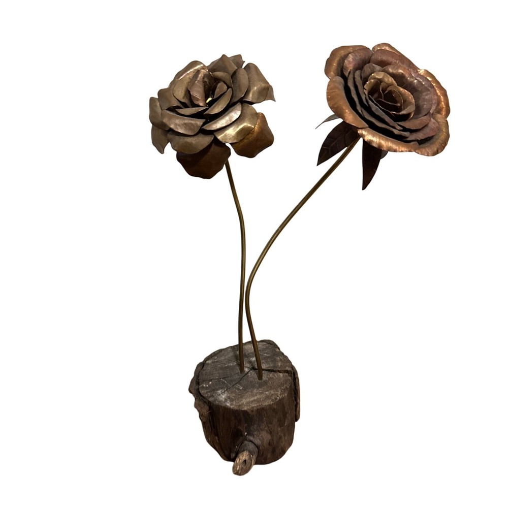 Vintage Copper? Brass? Long Stem Rose Wood Metal Standing Art MCM Hand Made?