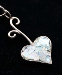 Roman Glass Big Heart Silver 925 Pendent Ancient Fragment 200 B.C. Bluish Patina
