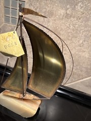 MCM John DeMott 10″ Sail Boat Brass Sculpture, Onyx Base, Signed