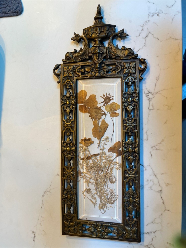 Antique Bradley & Hubbard Brass Frame W/ Dry Flowers 1890s Neoclassical Dolphins