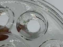 Vintage Green Uranium Glass Diamond Point Footed Dish w Clear Flower Frog Insert