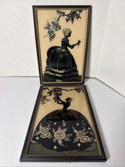 Pair 1940 Reliance Flat Glass Silhouette Old Fashioned Garden Blossom Time