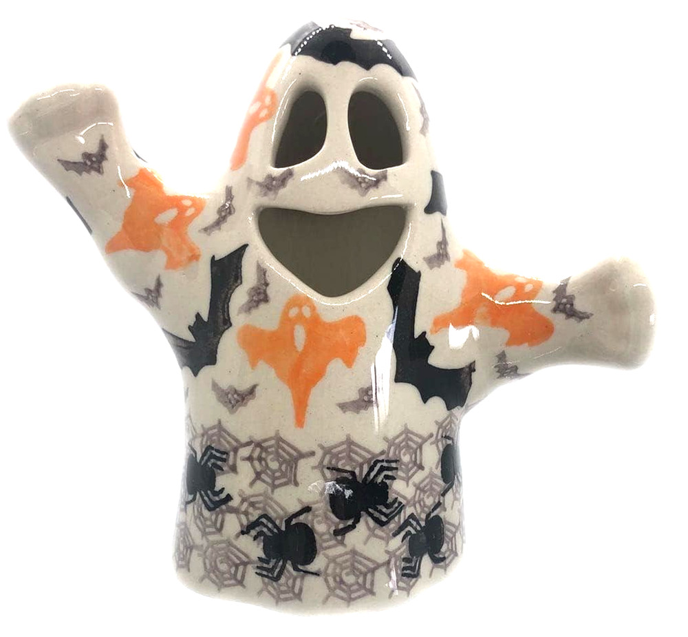 Polish Pottery Ceramic Ghost Lantern Figurine Boo Bats Spiders Webs Halloween