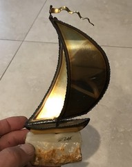 DeMott Brass Sailboat Sculpture Onyx Stone Base Signed