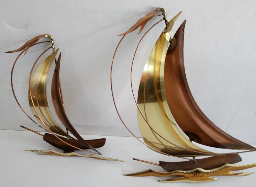 2 Unique Mid-Century Brass, Copper & Wood 8″ & 10.5″ Sailboat Wall Hangings