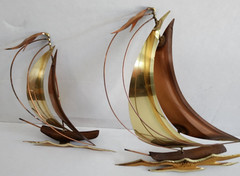 2 Unique Mid-Century Brass, Copper & Wood 8″ & 10.5″ Sailboat Wall Hangings