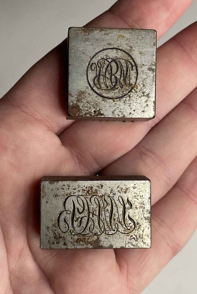 Pair of Antique / Vintage Cast Iron / Steel Metal Monogram Stamps Print Blocks