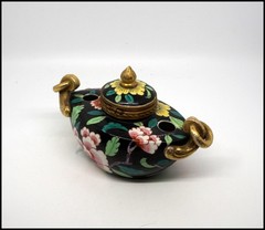 Aladin France Porcelain Art Deco Inkwell Chinoiserie Bird Floral Gilt Hinged Lid