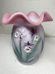 Vintage Fenton Blue Burmese Hand Painted Daffodil Vase Signed Sean Fenton READ
