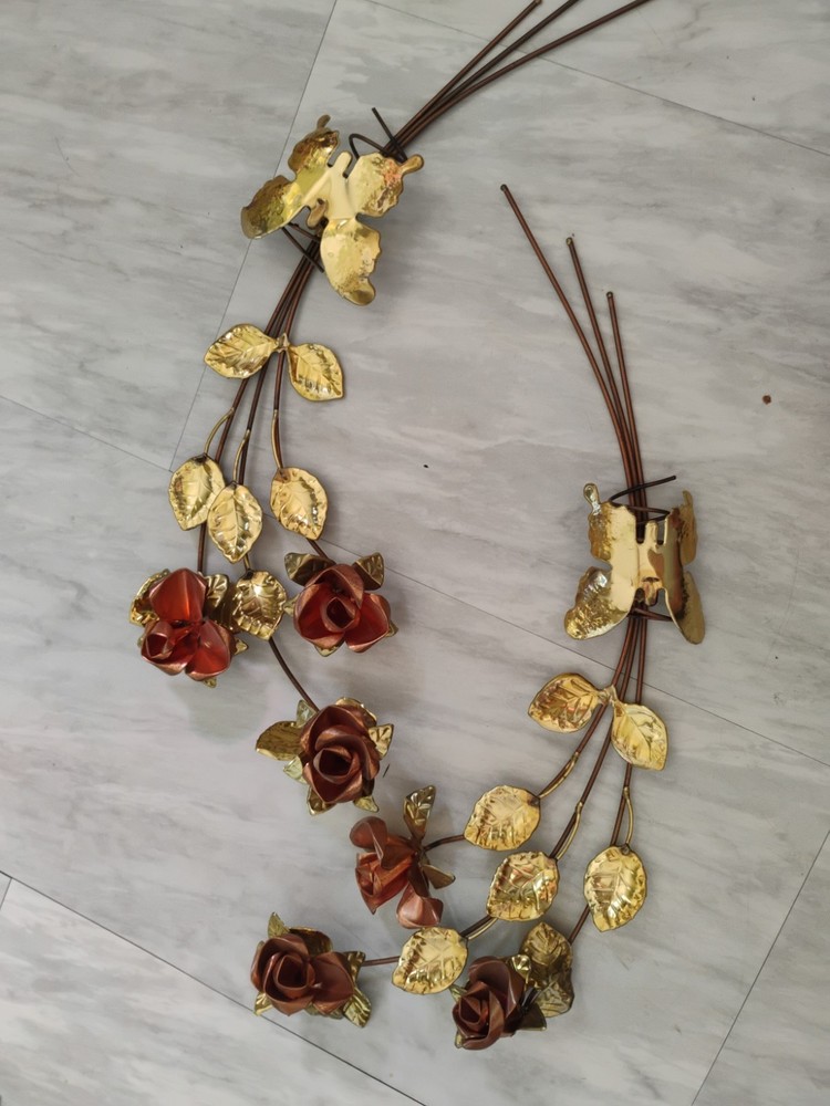 Vintage Brass Metal Wall Hangings, 19″ Set of 2. Copper Roses, MCM