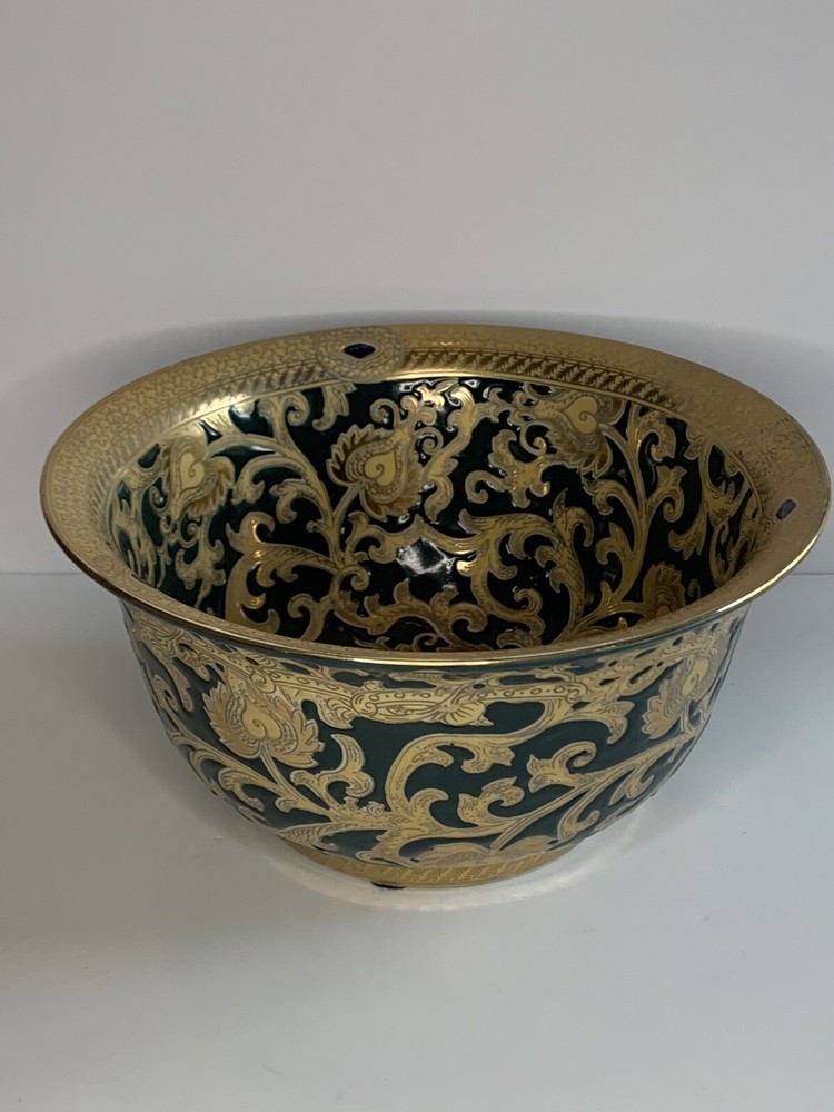 Stunning Gold& Dark Green Tapestry Porcelain Contour Bowl 10”d Asian Traditional