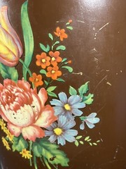 VTG Hand Painted CANCO Toleware Metal Trashcan / Can Floral Roses Brown 13”