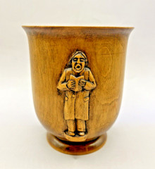 Vintage Carved Wooden Folk Art Cup Vase Vessel 3 Carved Wood Figures SIGNED 4.8″