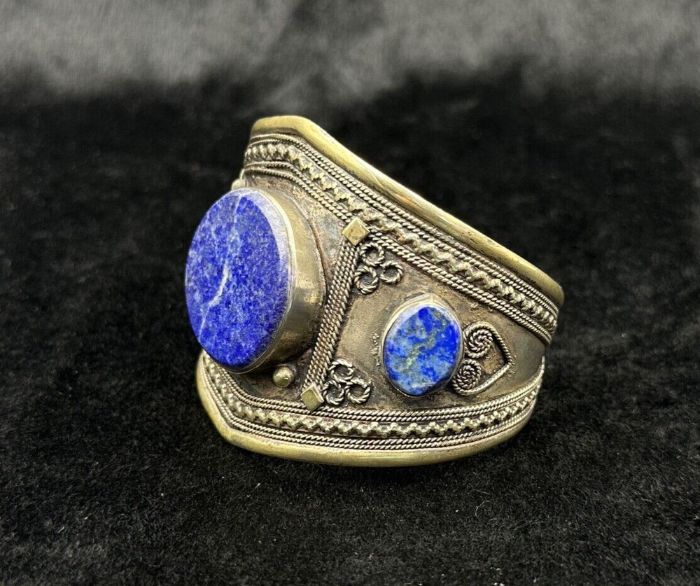 Vintage Afghani Silver Handmade Adjustable Bangle With Lapis Lazuli Stone