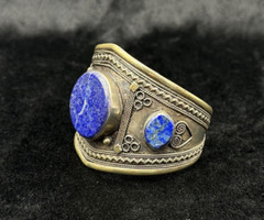 Vintage Afghani Silver Handmade Adjustable Bangle With Lapis Lazuli Stone