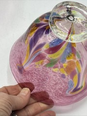 2 Vtg Kitras Art Glass Hand Blown Bowl with Pedestal Decor Multi Colour Signed