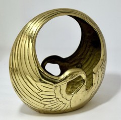 Vintage MCM Solid Brass Swan Planter Bowl Catchall with Handle ~Korea