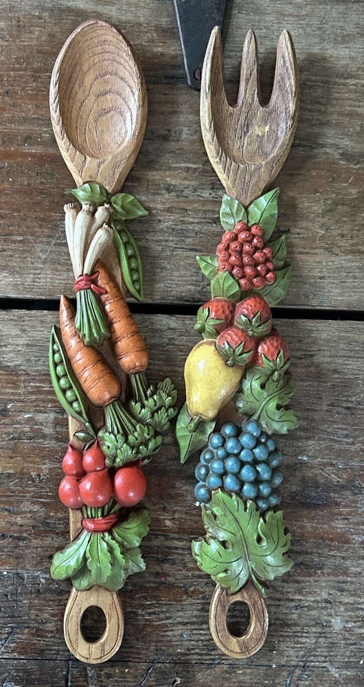 Spoon & Fork Set Fruit & Vegetable Homco 7455 A Kitchen Wall Decor Hard Plastic