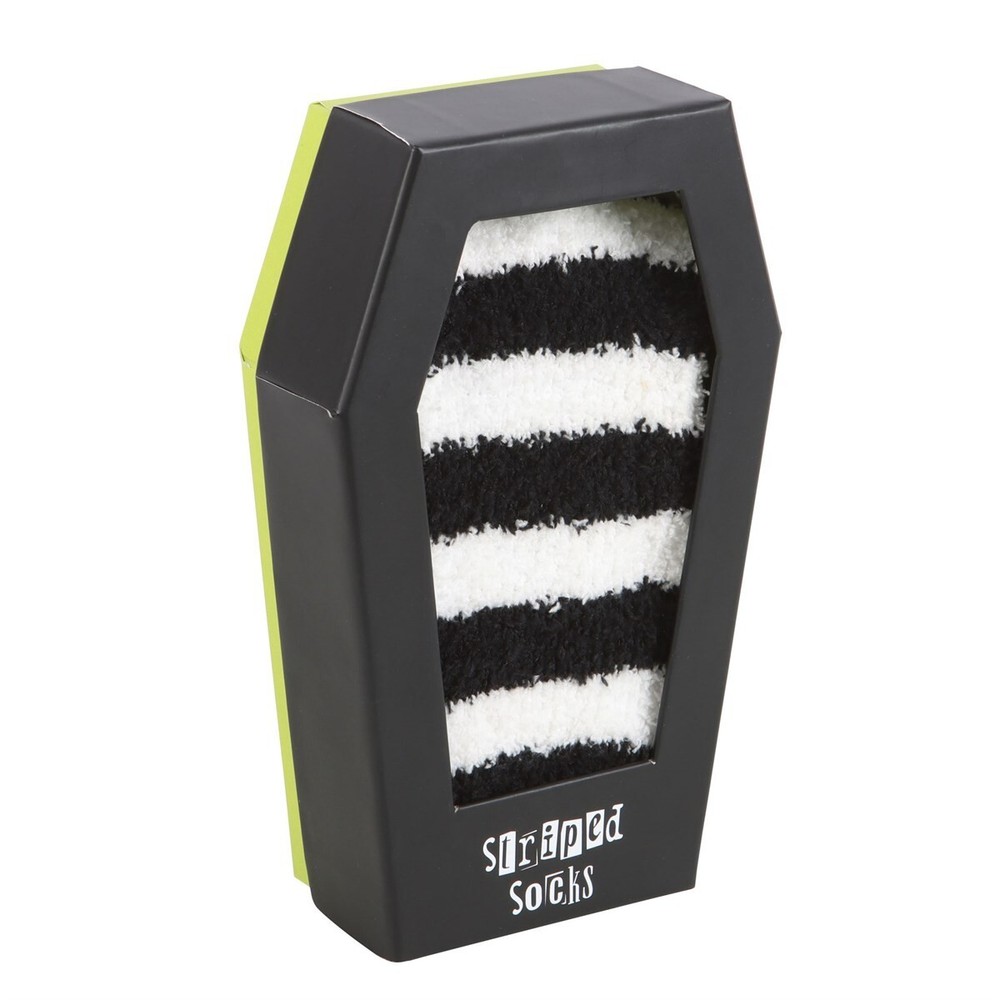 UNISEX GOTH FLUFFY BLACK AND WHITE STRIPEY SOCKS IN COFFIN, BN, FREE UK POST