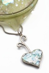 Roman Glass Big Heart Silver 925 Pendent Ancient Fragment 200 B.C. Bluish Patina