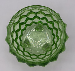 Vintage Green Uranium Glass Diamond Point Footed Dish w Clear Flower Frog Insert