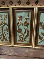 Vintage Homco Gold Floral Wall Plaques Set of 4 MCM Teal Blue Botanical 1970s