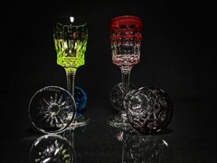 Faberge Na Zdorovye Crystal Colored Cordial Glasses 5 3/4″ H x 2″ at rim NIB