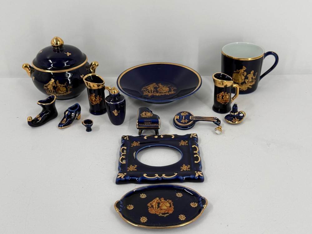 Vintage 14 Piece Lot – MINI Limoges Castel France Cobalt Blue 22 Karat Gold Trim