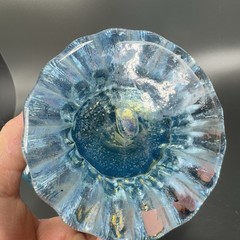 1980s Art Glass Abstract Vase Bowl Centerpiece Teal Blue Iridescent Finish Glass