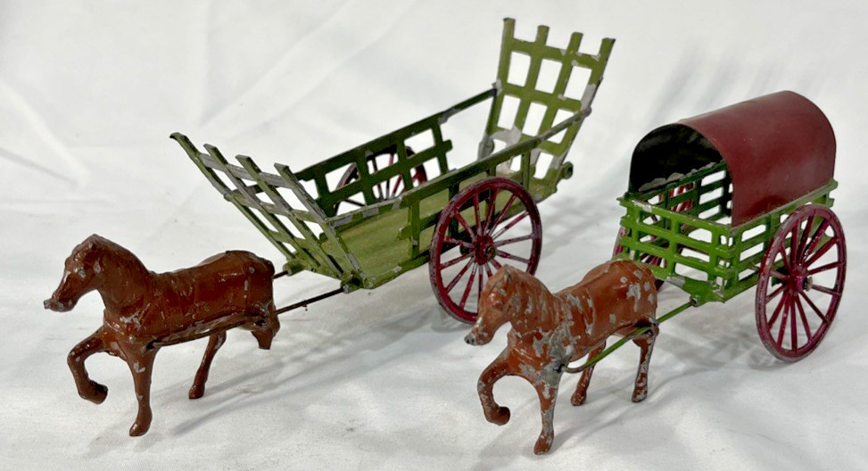 Pair Hand Painted Heavy Cast Metal Miniature Horse & Wagon Figurines from France