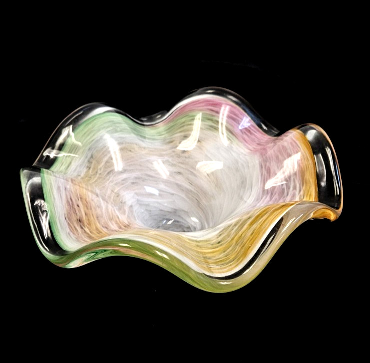STUNNING Italian Murano Swirled Art Glass Pale Colors 9″ Bowl, Pink Orange Green