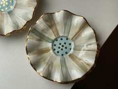 (4pc) Rare Mackenzie Childs Parchment Check Ceramic Fluted Saucers W/ Gold Dots