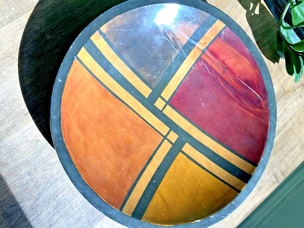 Vintage Colombian Wooden Bowl Hand-Painted Geometric Design 11.5″ Diameter