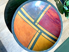 Vintage Colombian Wooden Bowl Hand-Painted Geometric Design 11.5″ Diameter